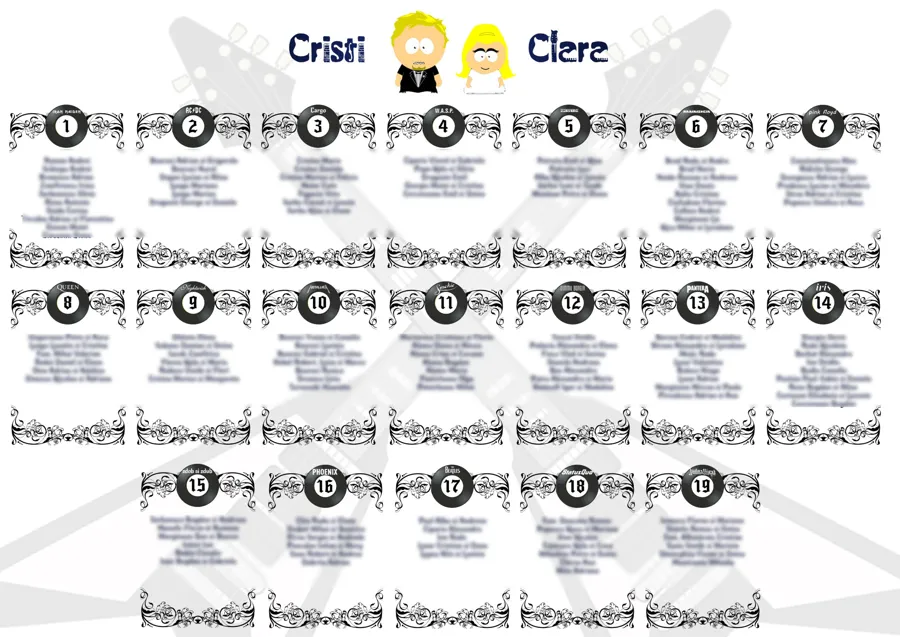 Oglinda sălii cu temă rock, desenată la comandă: mesele sunt viniluri numerotate, fiecare cu numele unei trupe